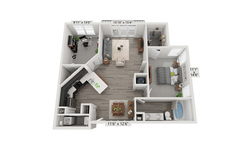 Floor plan for 1 bed, 1 bath, 1057 sqft